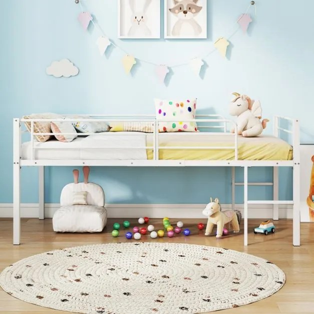 Cama Criança 198,5 x 96 x 88 cm tipo alta (COLCHÃO NÃO INCLUIDO) com baixa estrutura metálica com grades de segurança e 2 escadas com degraus metálico