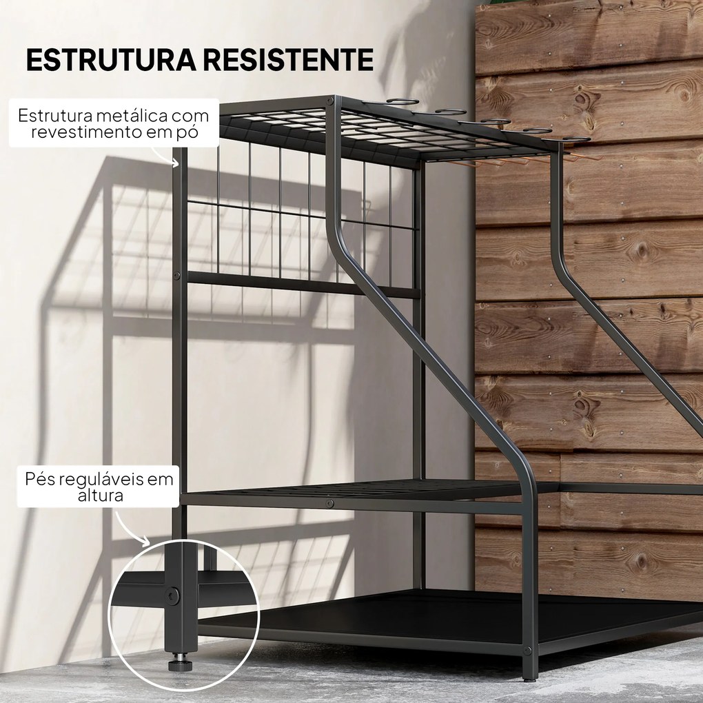 Organizador de Ferramentas de Jardim de 3 Níveis para Garagem com Ganchos para Pás Ancinhos Vassouras 84x53x73 cm Preto