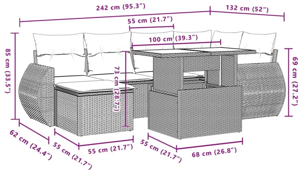 7 pcs conjunto sofás p/ jardim c/ almofadões vime PE cinzento