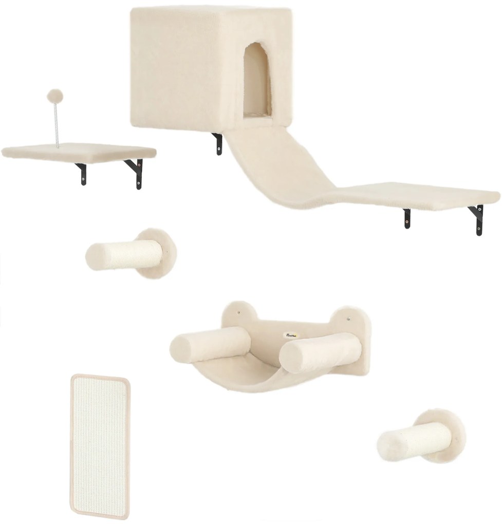 Conjunto de Prateleiras de Escalada para Gatos de 6 Peças com Placa para Arranhar e Poste de Sisal Bege