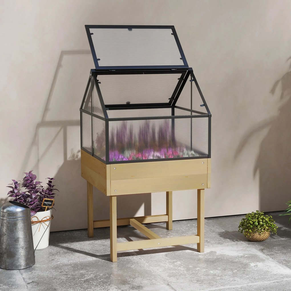 Mini-estufa com pés, dimensões: 60L x 57l x 103H cm, com teto duplo que se abre; painéis de policarbonato, aço e madeira de abeto tratada