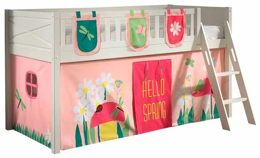 Conjunto cama alta Infantil SCOTT + cortina de brincar SPRING + 3 bolsos de arrumação Branca