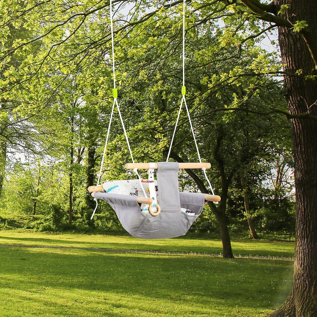 Baloiço para Bebé Baloiço de Madeira Infantil com Altura Ajustável Almofada Acolchoada e Cinto de Segurança para Interior e Exterior Carga Máxima 80kg