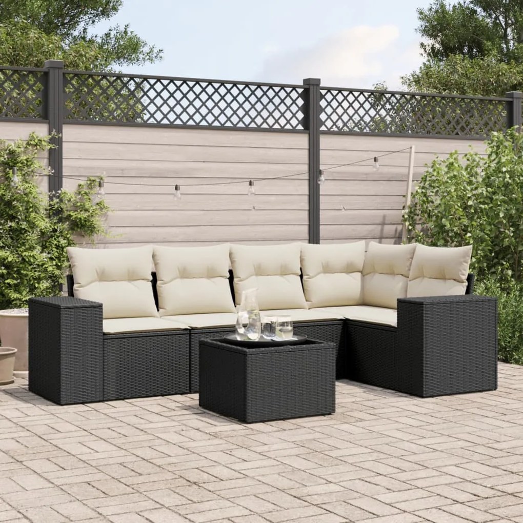6 pcs conjunto sofás de jardim c/ almofadões vime PE preto