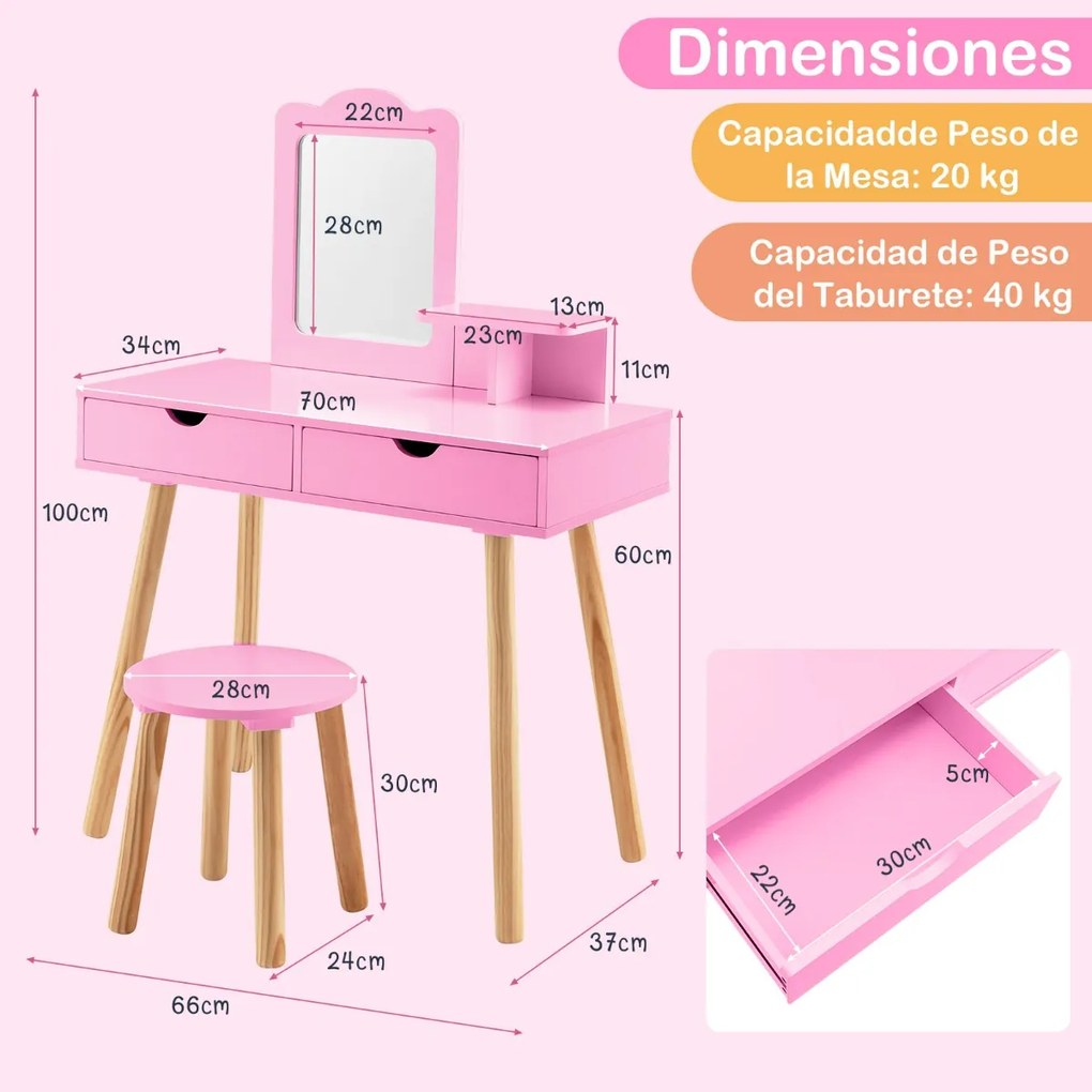 Conjunto Toucador e banquinho de madeira para crianças 70 x 34 x 100 cm com espelho retangular e 2 gavetas grandes Rosa