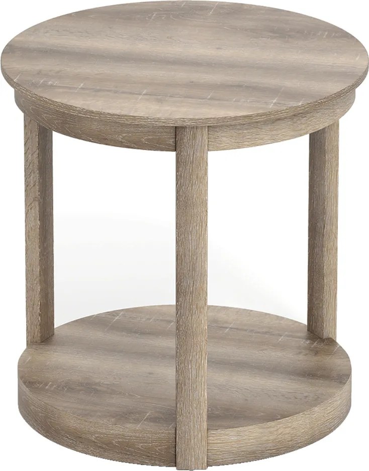 Mesa de centro redonda, mesa apoio, mesa cabeçeira 60,5 x 61 cm com 2 níveis em madeira de caucho Mesa auxiliar estilo rústico cinzento