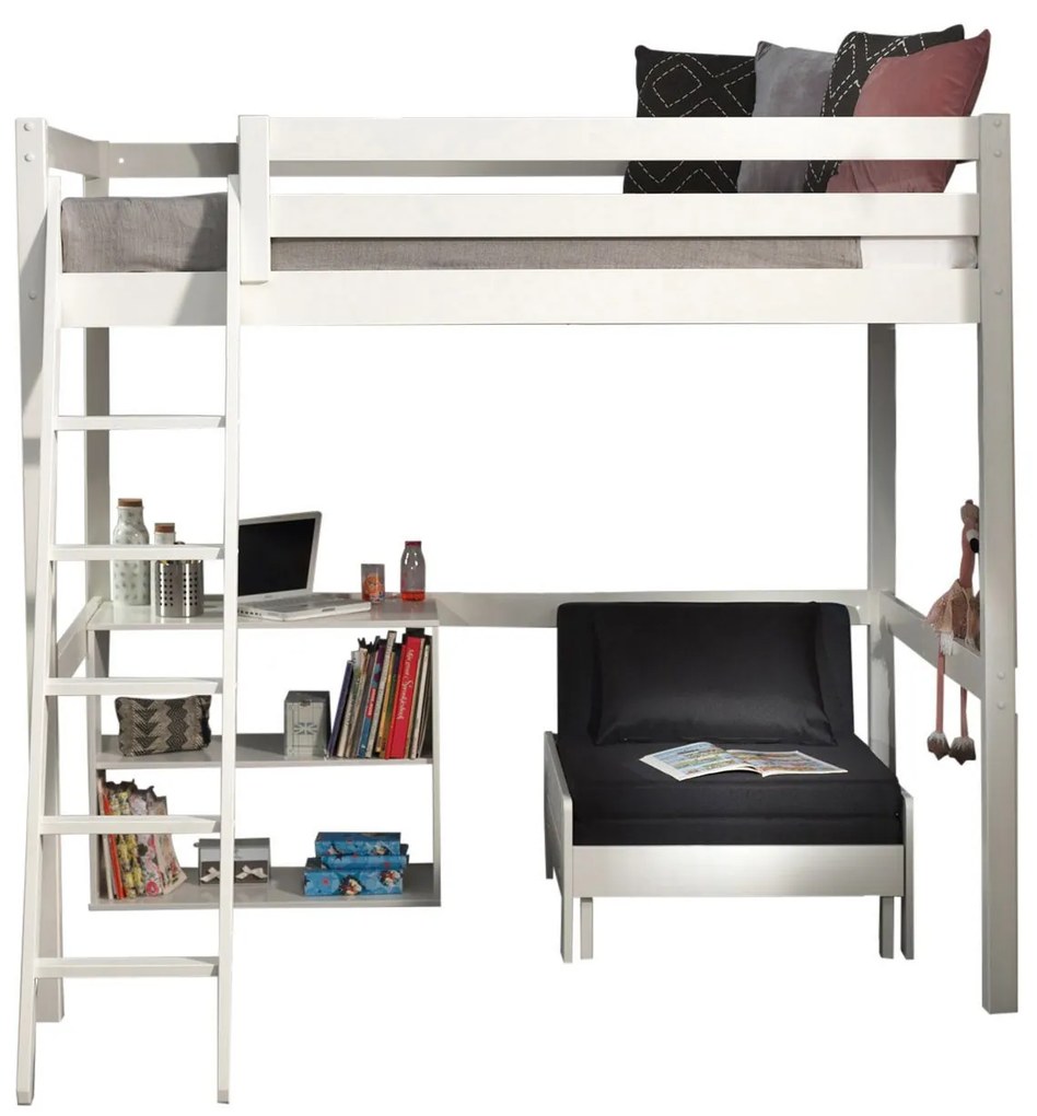 Conjunto Cama alta de Criança PINO 140 x 200 cm + estrado + escada + estante + sofá-cama Branca