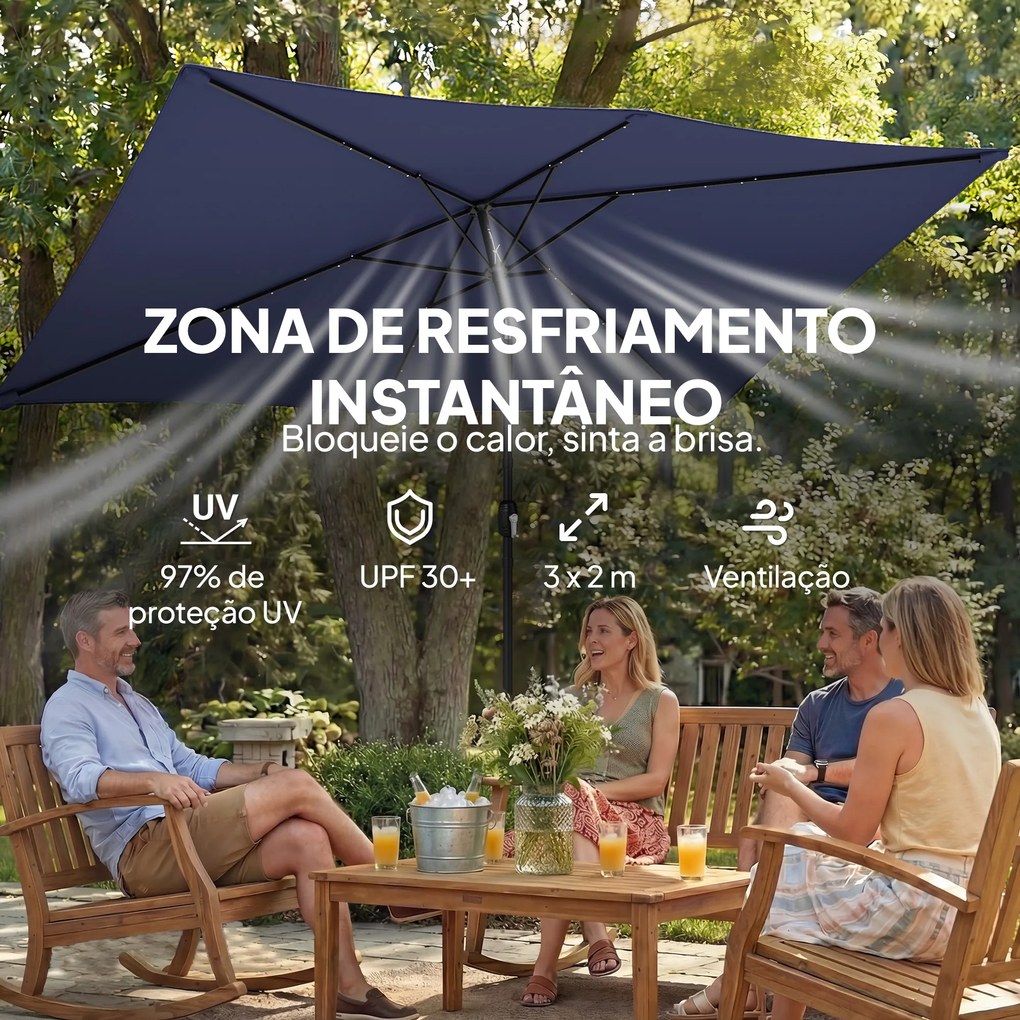 Guarda sol duplo Jardim com 24 Luzes LED Solares Cobertura Inclinável Poste Metálico 29x25 m Azul Escuro