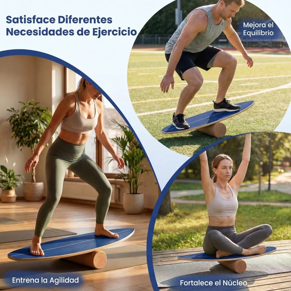Prancha de equilíbrio para adultos em madeira com rolo de cortiça e estante de arrumação para treino do tronco e surf oscilante azul-marinho