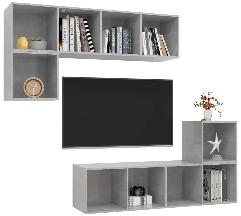 4 pcs conjunto de móveis de TV contraplacado cinzento cimento