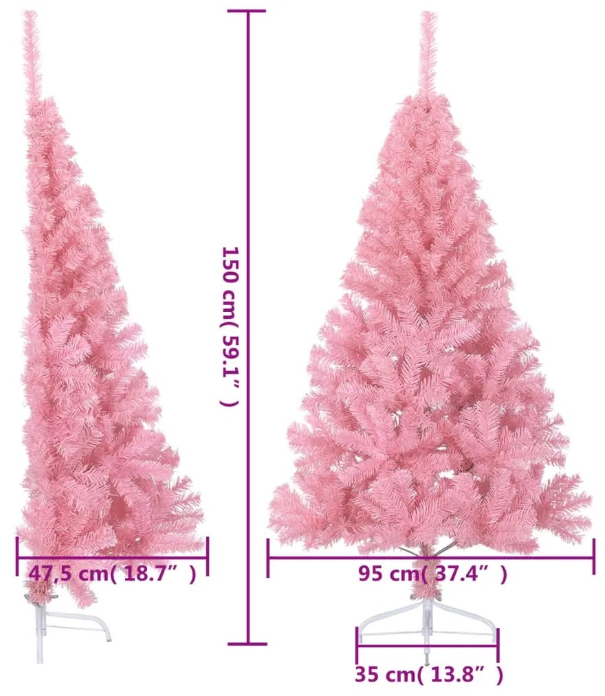 Meia árvore de Natal artificial com suporte 150 cm PVC rosa