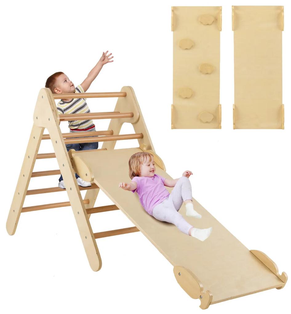 Triângulo de escalada de madeira 3 em 1 com escorrega regulável para subir e deslizar salto triangular para crianças natural