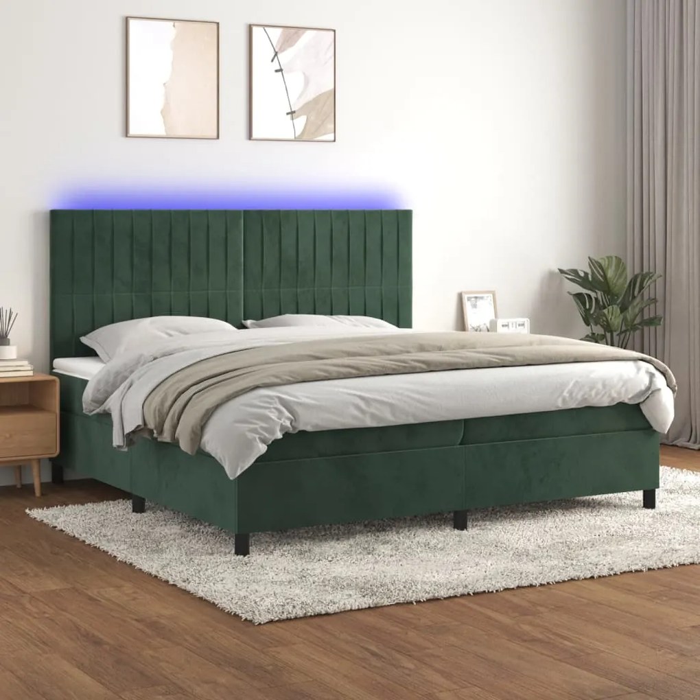 Cama box spring c/ colchão/LED 200x200 cm veludo verde-escuro