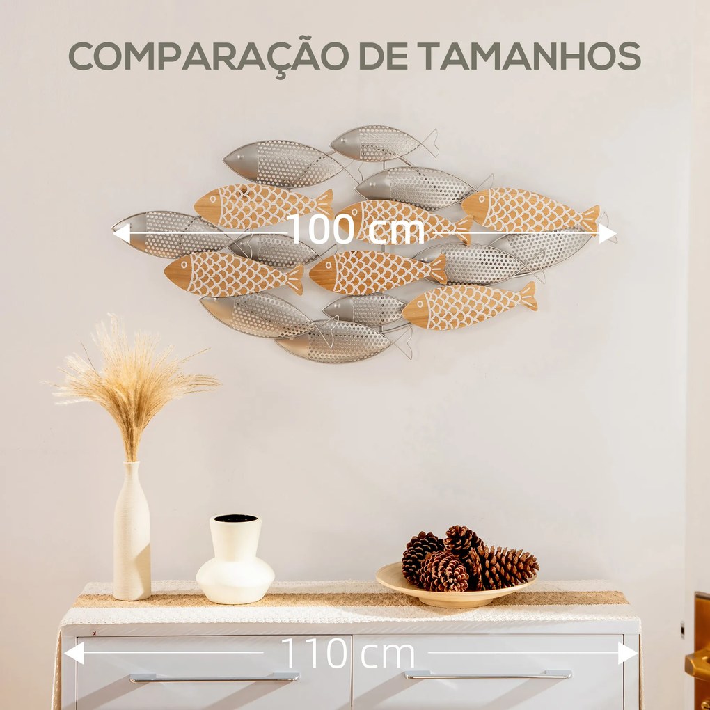 HOMCOM Decoração de Parede de Metal e Madeira 3D de Peixes 100x47cm Arte de Parede Metálica para Sala de Estar Dormitório Escritório Prata e Madeira