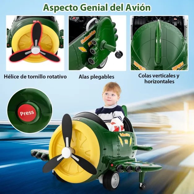Avião elétrico para crianças com joysticks de controlo remoto Perfis aerodinâmicos dobráveis e hélice rotativa Verde