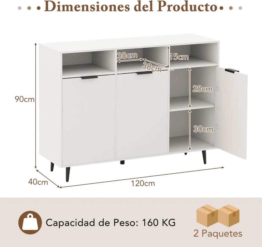 Aparador Buffet de cozinha 120 x 40 x 90 cm com estantes ajustáveis Armário bar com 3 compartimentos e portas para sala de jantar Branco