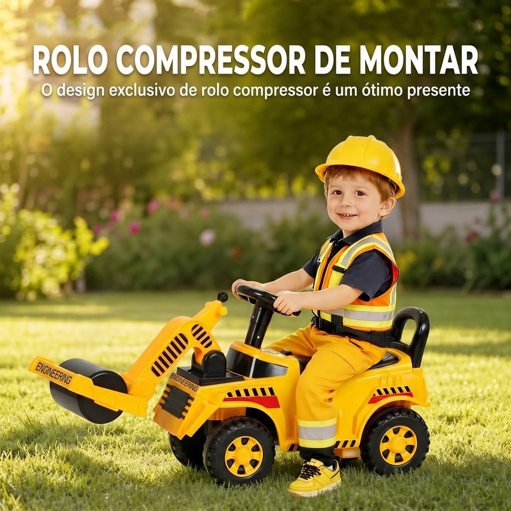 Trator Sem Pedais com Rolo Dianteiro Elevável Buzina e Arrumação Amarelo