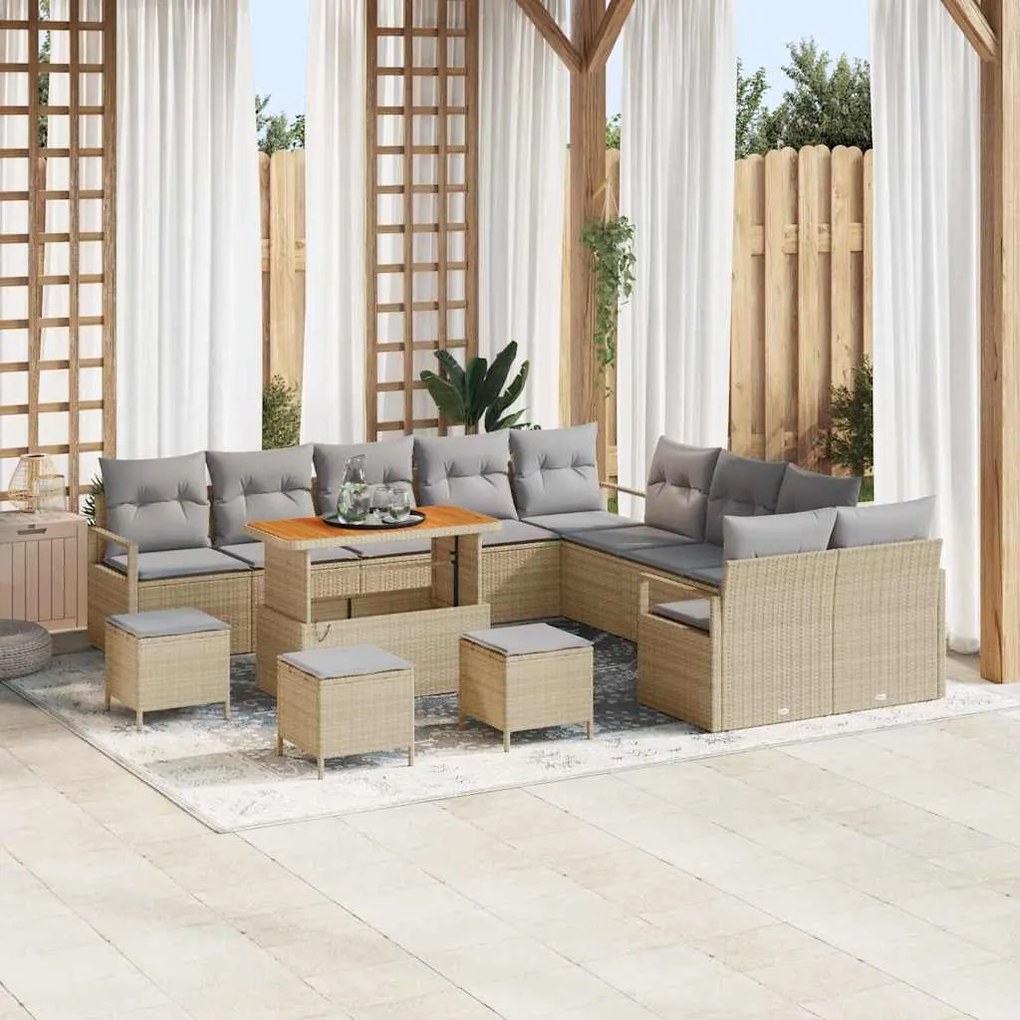 vidaXL Conjunto de Sofá de Jardim com 14 Peças e Almofadas em Rattan Sintético Bege e Acácia.