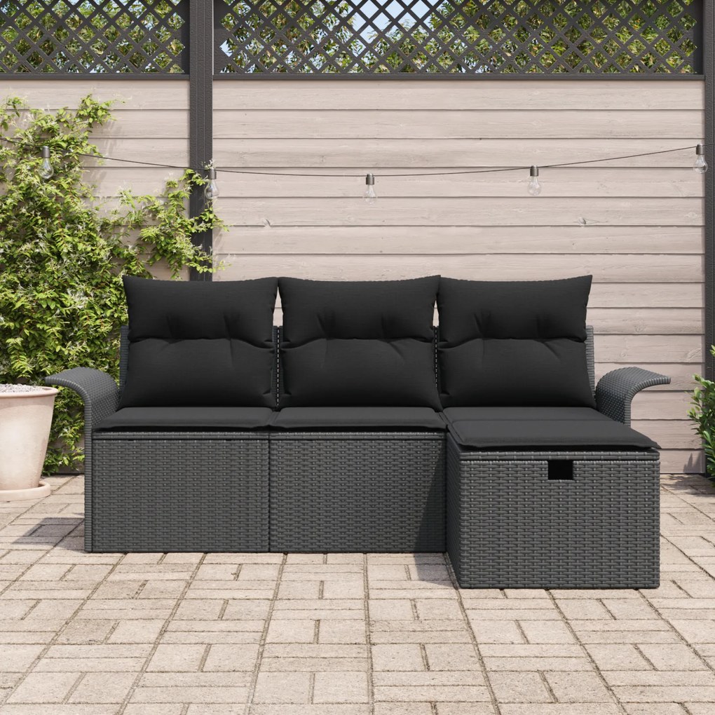 Conjunto de Sofás de Jardim de 4 Peças com Almofadas Preto Rattan Poli