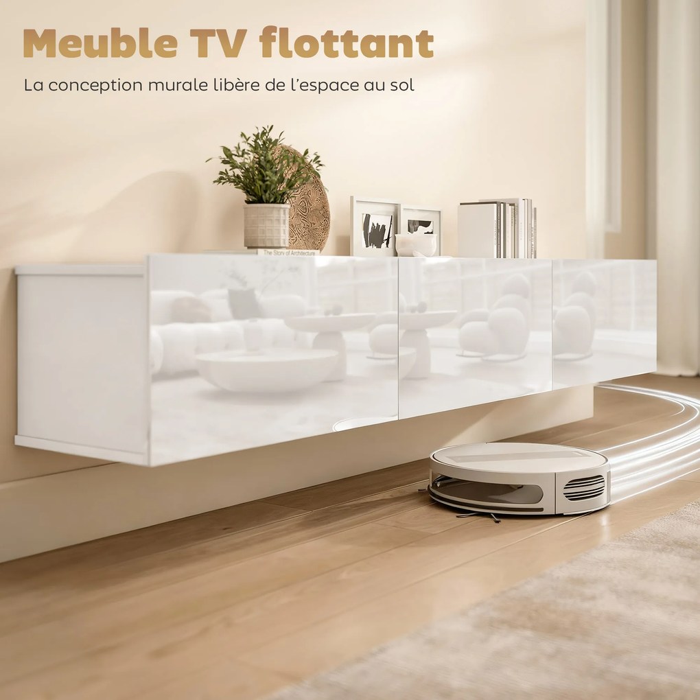 Móvel de TV suspenso de 180 (L) x 31,5 (P) x 29,8 (A) cm, móvel para televisores até 82 polegadas, com 3 portas rebatíveis com fecho suave, branco