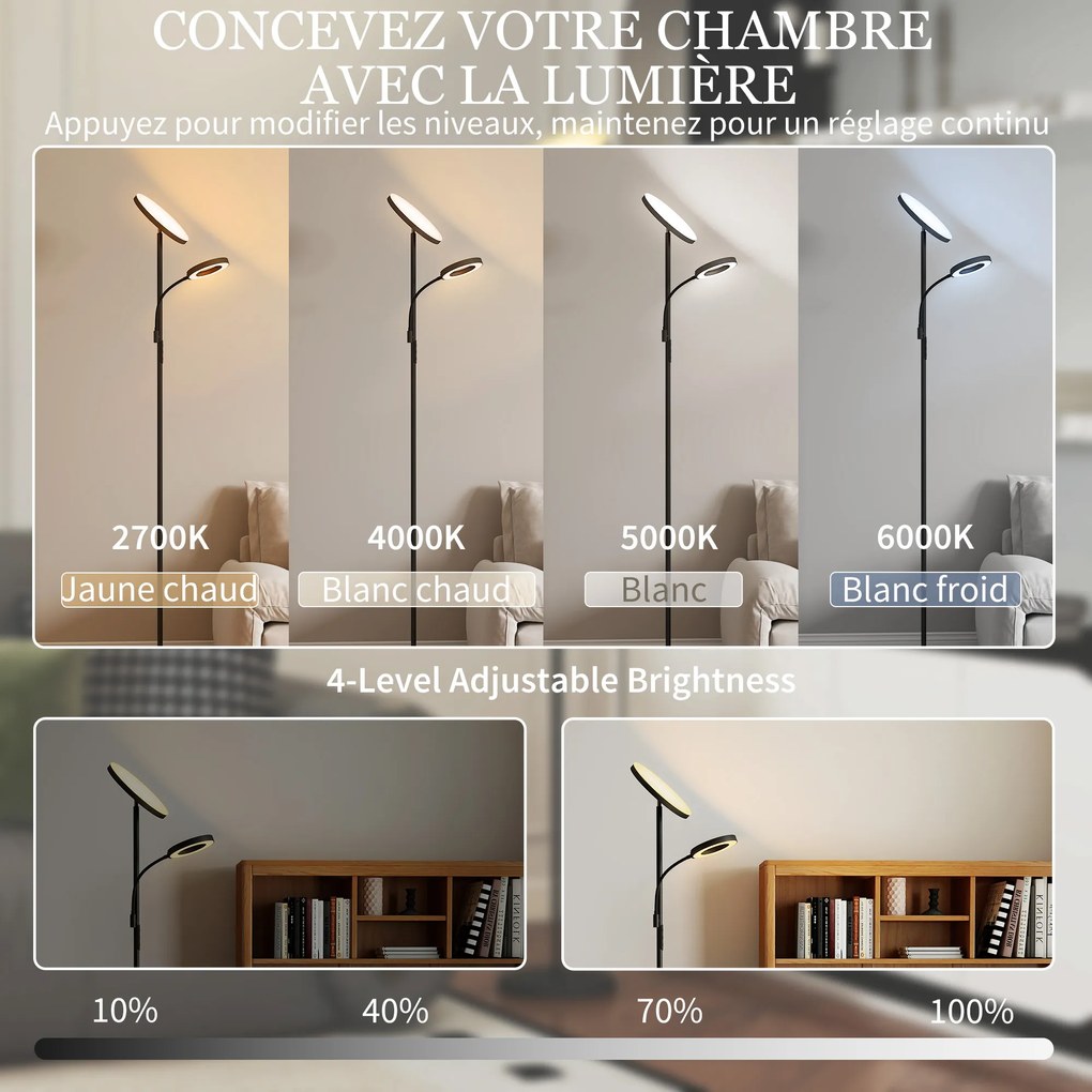Candeeiro de pé LED de 42 W com regulação de intensidade, 2700 K-6500 K, variação contínua de 4 cores, 4 modos de cena, comando à distância e controlo