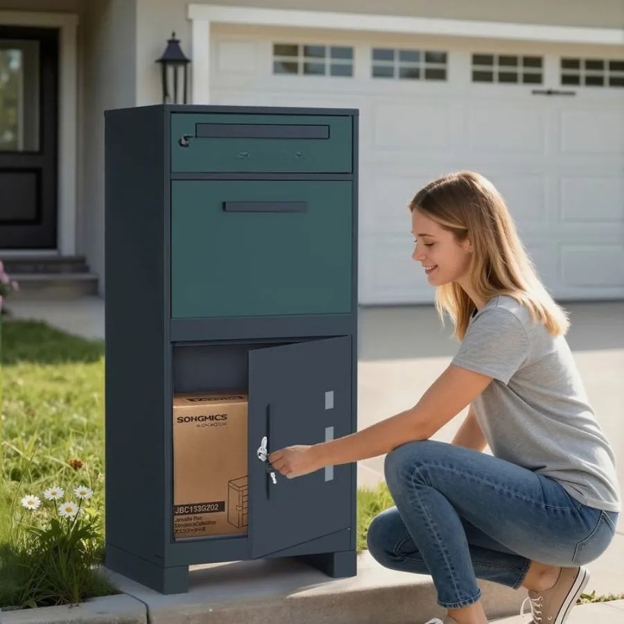 Caixa de correio 34 x 48 x 106 cm com compartimento para encomendas e fechadura de segurança na tampa para envios, cor antracite