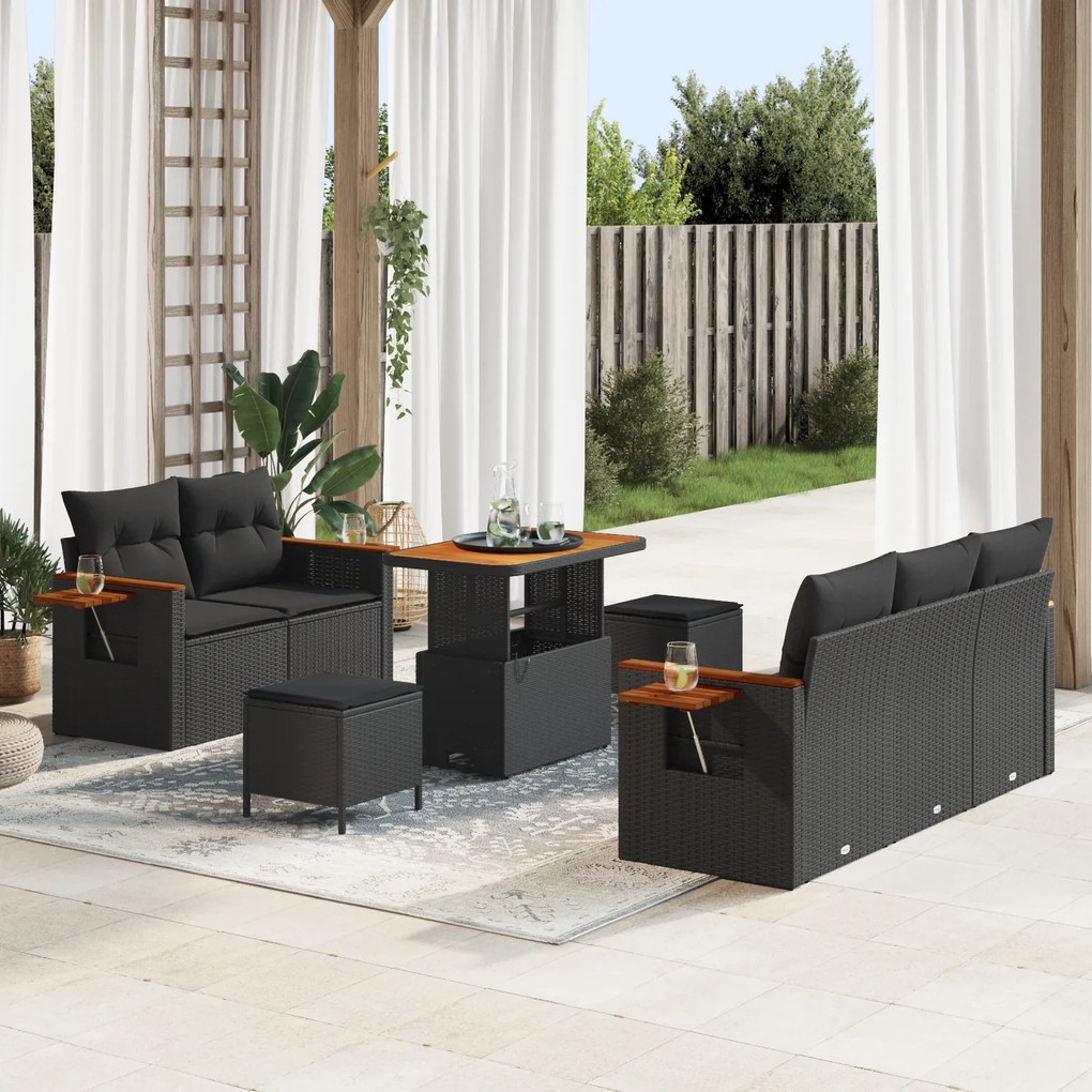 Conjunto de Sofás de Jardim vidaXL 8 Peças com Almofadas Preto Polyrattan Acácia