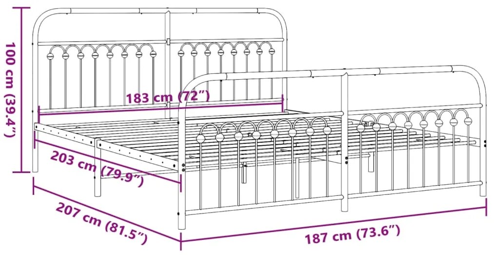 Estrutura de cama com cabeceira e pés 183x203 cm metal preto