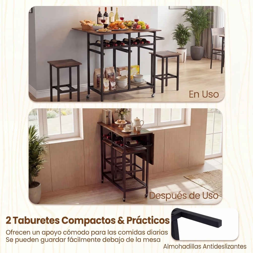 Conjunto de mesa de jantar alta de 3 peças com 2 bancos, suporte para 6 garrafas, estantes e pega lateral, mesa dobrável para cozinha, castanha