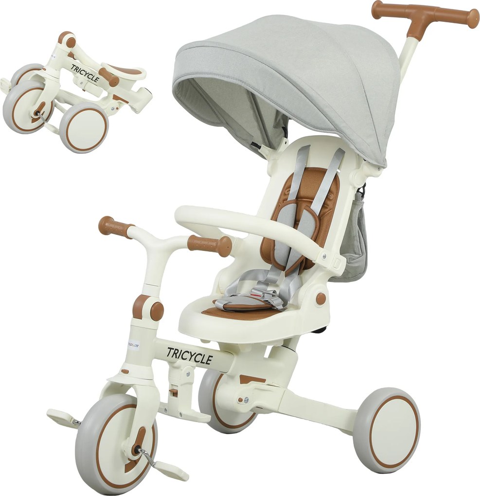 Triciclo evolutivo 5 em 1 para bebés, triciclo dobrável para crianças com pega ajustável e capota removível, para idades entre 1 e 3 anos, cor creme