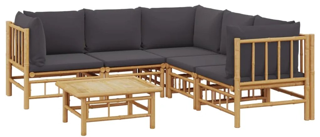 6 pcs conjunto lounge jardim bambu c/ almofadões cinza-escuro