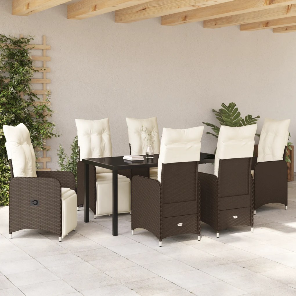 Conjunto de Jantar de Jardim de 7 Peças com Almofadas Castanhas de Rat
