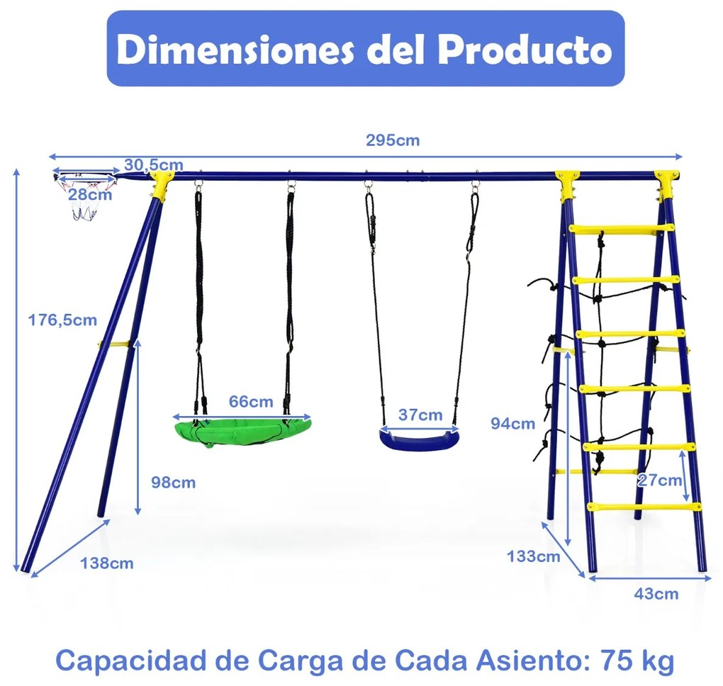 Conjunto de baloiço de jardim para crianças 5 em 1 com cesto de basquetebol Rede de trepar Estrutura metálica para parque de jardim295 x 138 x 176,5 c