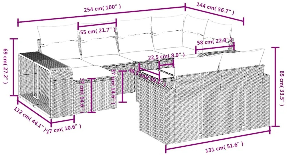 11 pcs conjunto sofás de jardim c/ almofadões vime PE cinzento