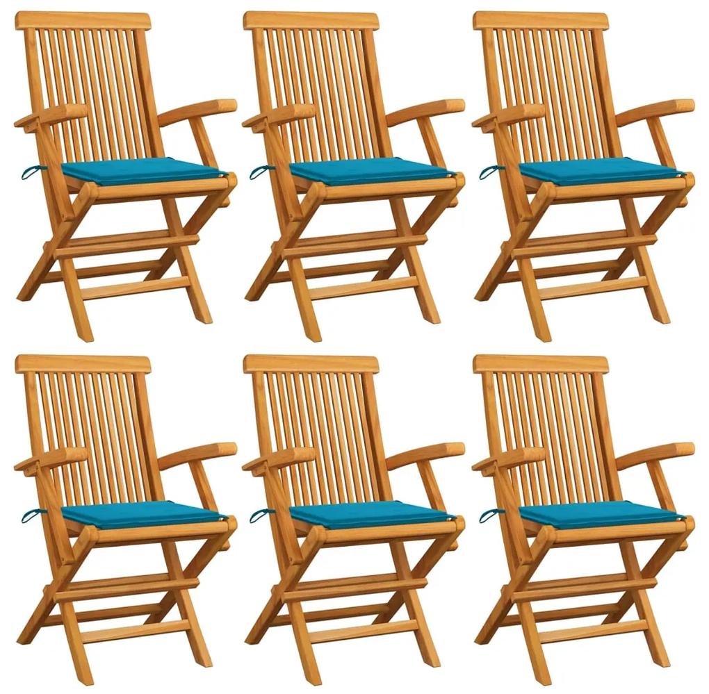 Cadeiras de jardim com almofadões azuis 6 pcs teca maciça