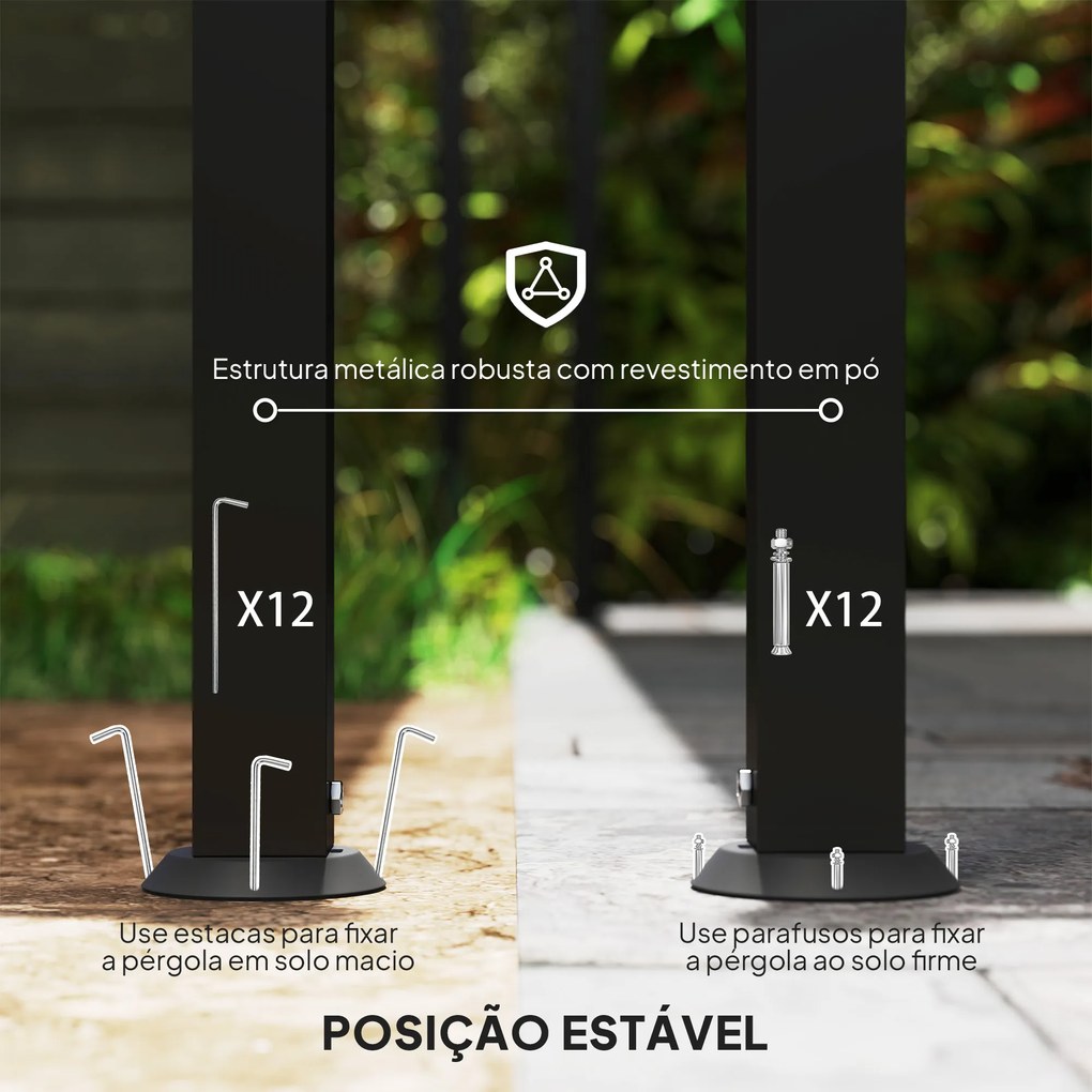 Pérgola de Parede 3x6 m com Telhado Inclinado Orifícios de Drenagem e Estrutura Metálica Cinzento Escuro
