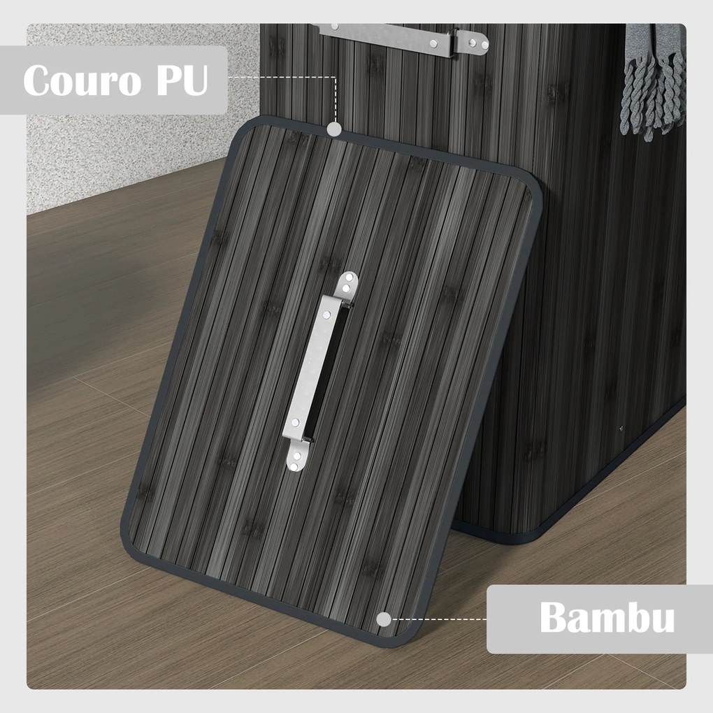 Cesto de Roupa de Bambu Dobrável Cesto para Roupa Suja com Tampa e Bolsa Amovível 40x30x60 cm Cinza Escuro