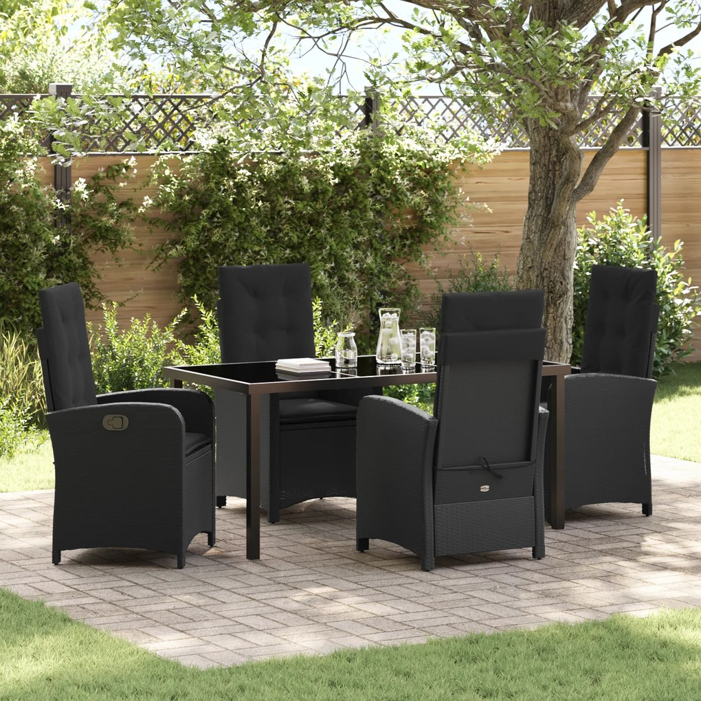 vidaXL Conjunto de Jantar de Jardim de 5 Peças com Almofadas Preto Rattan Poliéster