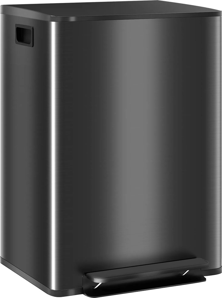 HOMCOM Lixeira de Cozinha 2 Compartimentos 2x30L Aço Inoxidável Tampa com Fecho Suave 47,7x37,5x66,8cm Preto | Aosom Portugal
