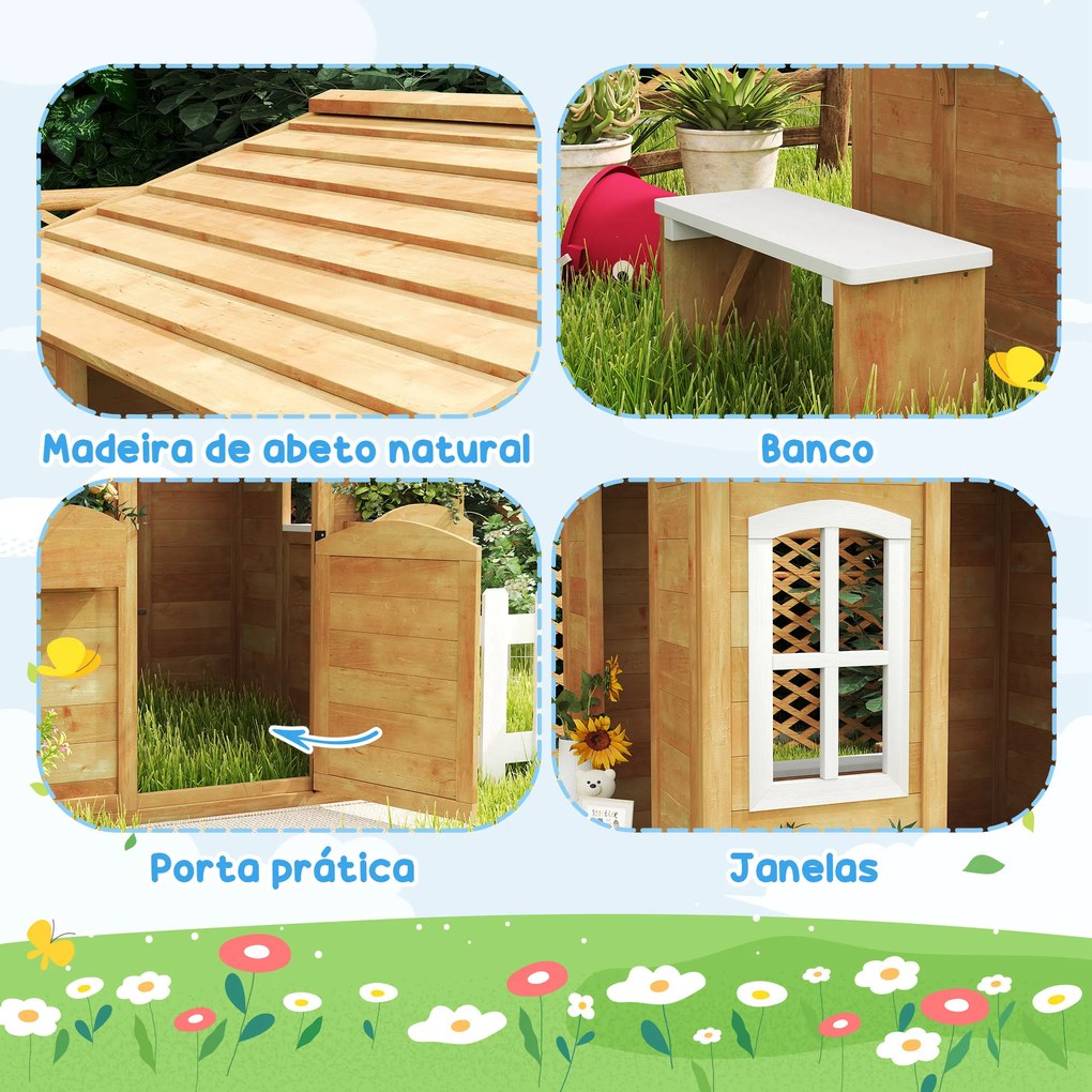 Casa de Madeira para Crianças com Caixa de Correios Banco e Floreira 205x119x140 cm Madeira e Branco