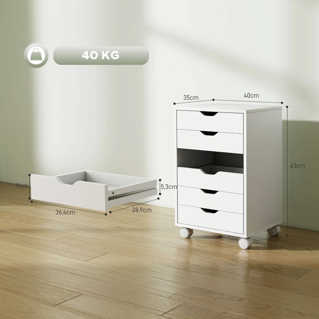 Bloco de Gavetas Móvel Arquivador com 6 Gavetas Suporte para Impressora com Rodas 40x35x63 cm Branco
