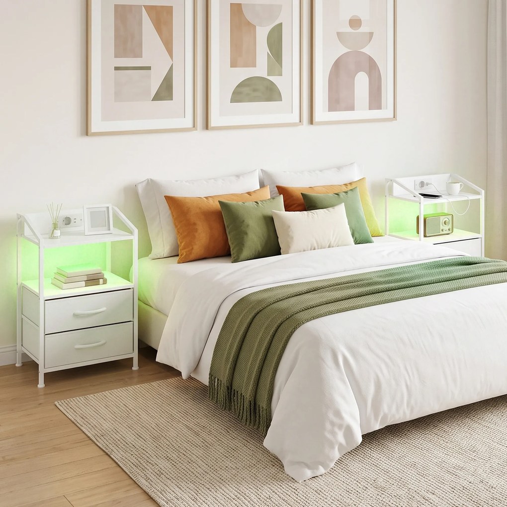 Conjunto de 2 Mesas de Cabeceira com LED RGB e Estação de Carregamento 2 Gavetas em Tecido para Quarto 40x30x60 cm Branco