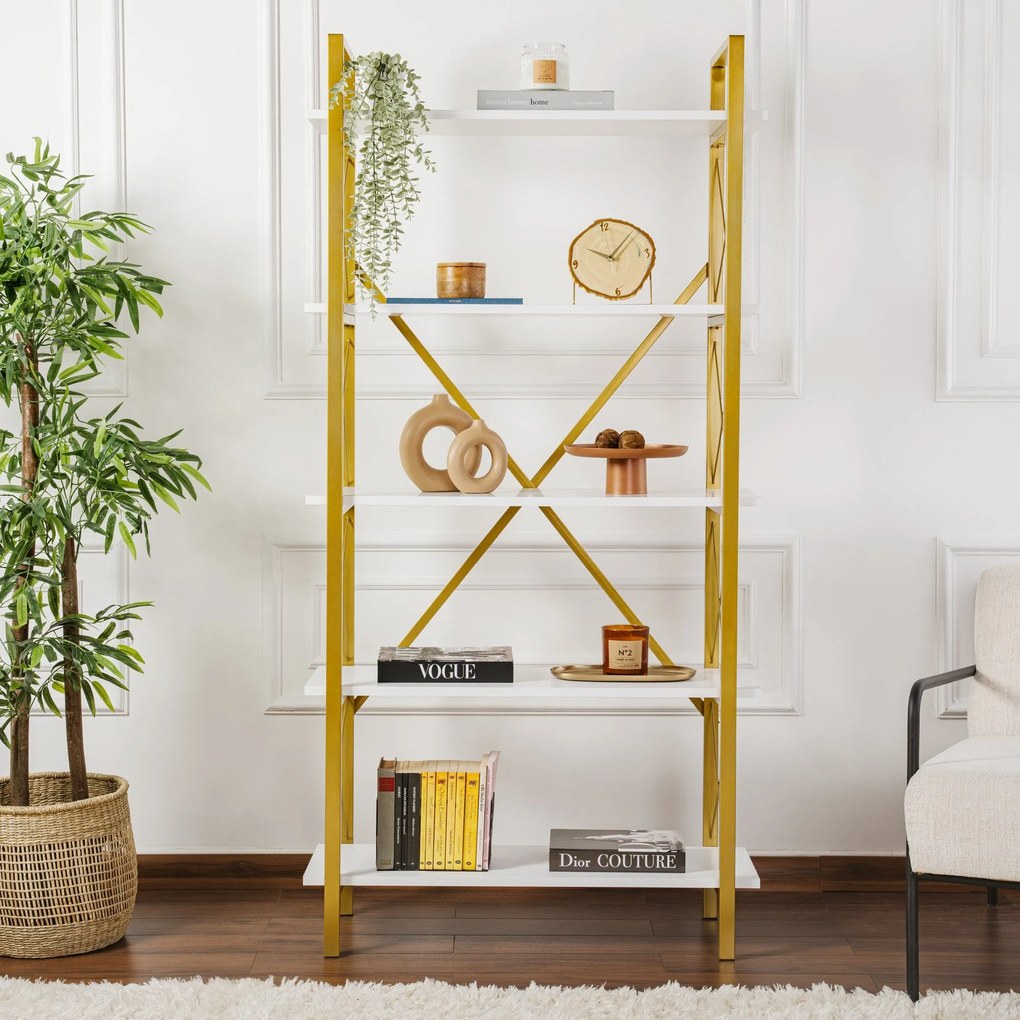 Estante "Elysian" – Branco e Dourado, 90x34x180 cm, Design Industrial