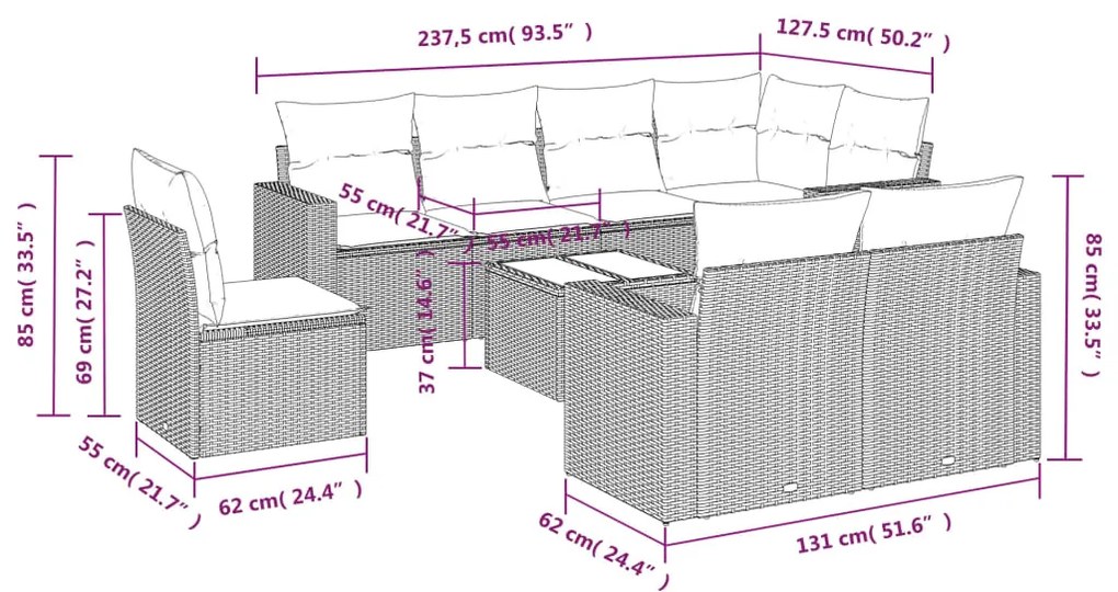 9 pcs conj. sofás jardim com almofadões vime PE cinzento-claro