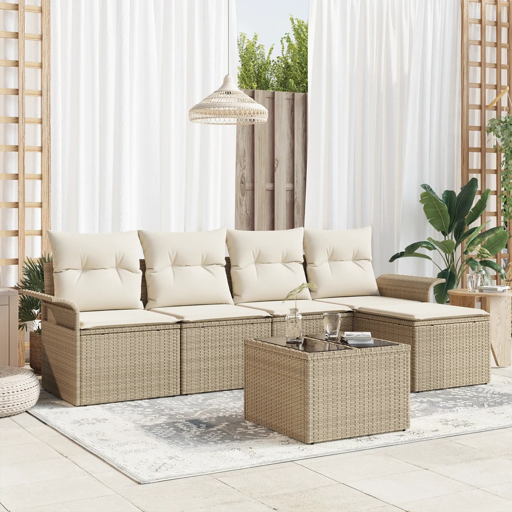vidaXL Conjunto de Sofá de Jardim de 6 Peças com Almofadas - Rattan Poliéster Castanho