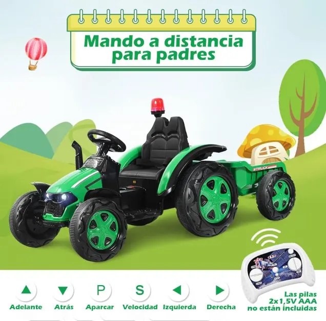 Trator elétrico infantil 2 em 1 com reboque. Inclui comando à distância e cinto de segurança de 2 pontos para crianças de 3 a 8 anos. Verde.