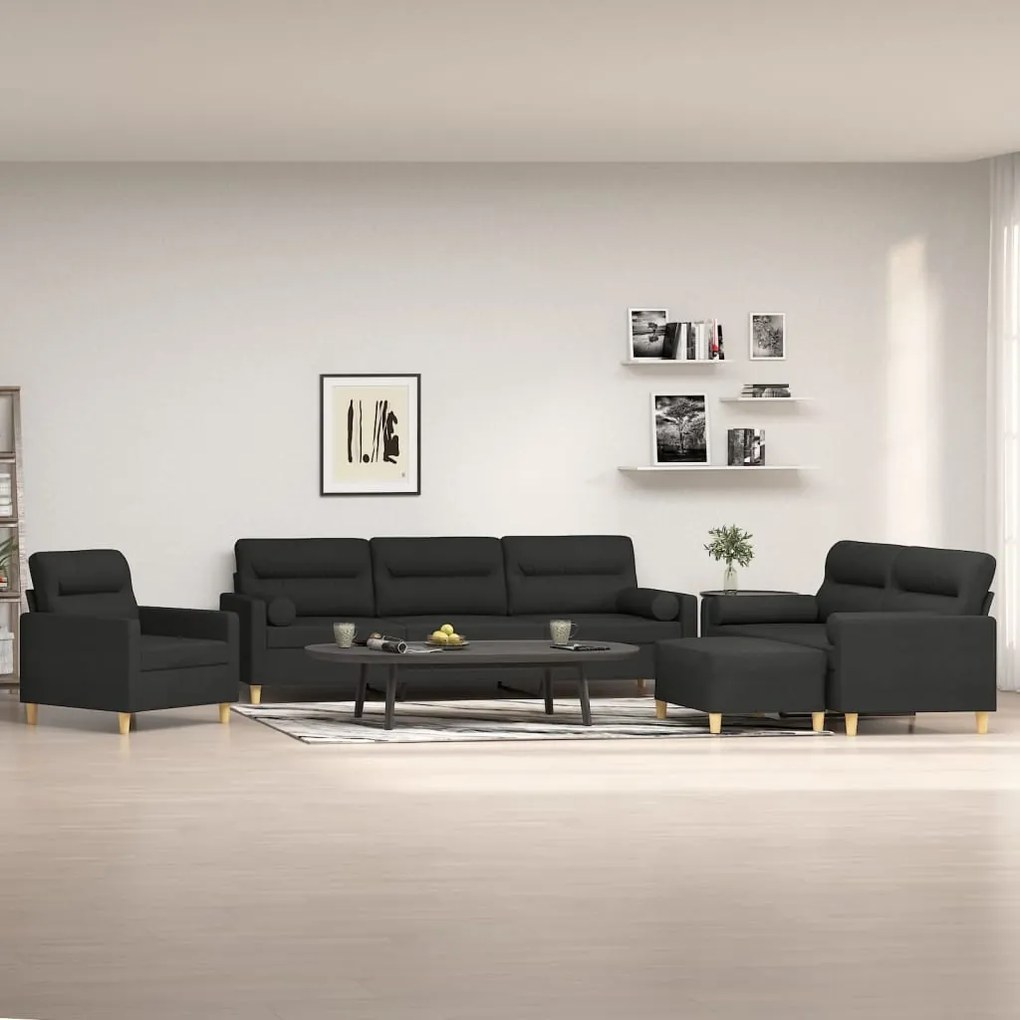 vidaXL 4 pcs conjunto de sofás c/ almofadões tecido preto