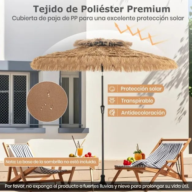 Guarda-sol estilo havaiano 247 cm com 8 varetas Tecido resistente ao sol e palha artificial 35° de inclinação Natural