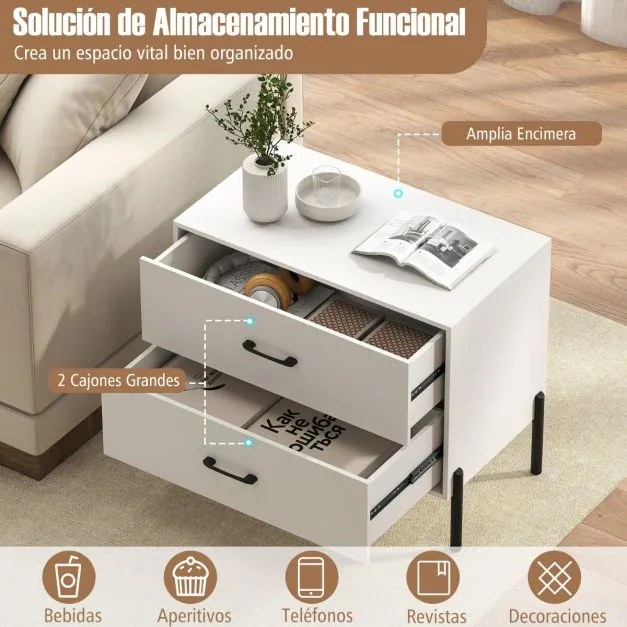 Mesa de cabeceira larga 71 x 40 x 61 cm moderna em madeira com pés e puxadores em metal com arrumação Branca