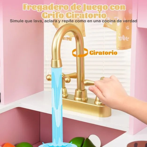 Conjunto de cozinha para crianças com cafeteira, dispensador de água, fogão, pia e torneira para crianças acima de 3 anos, 90 x 30 x 90 cm, rosa claro